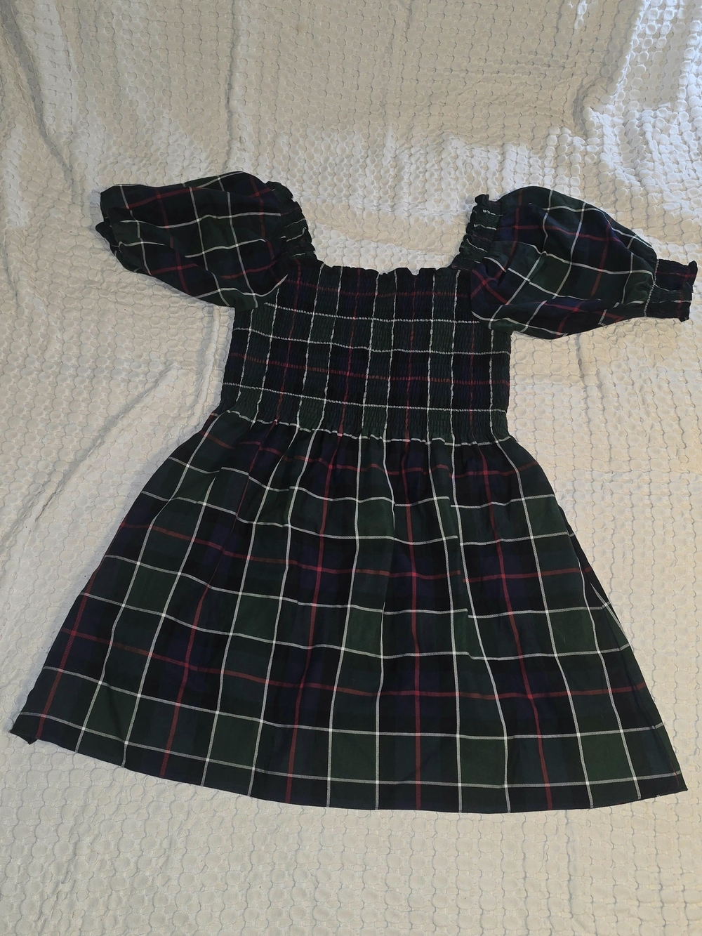 NWT Angele H Paris Forever Plaid Smocked Cotton Mini Dress Green Red Size L